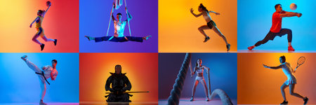 Collage. Different sportsment, basketball, volleyball, combat sport, acrobat, tennis athletes in...