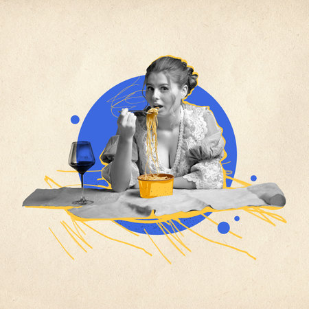 Contemporary art collage. Young beautiful girl in vintage dress, medieval person eating noodles and drinking wine over abstract backgroundの写真素材