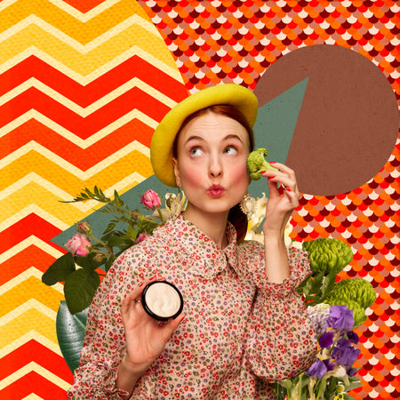Contemporary art collage. Beautiful young girl in cute outfit applying blush with broccoli against abstract backgroundの写真素材