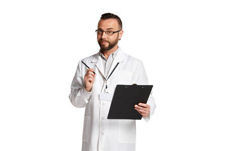 Portrait of bearded man in glasses, doctor in white lab coat with prescription papers isolated over...