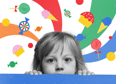 Cute, beautiful, little girl peeking out table and attentively looking against white background with colorful doodles. Contemporary art collage.の写真素材