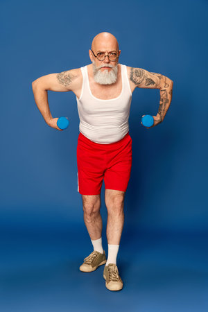 Portrait of mature, bearded man in sportswear training with dumbbells against blue studio backgroundの写真素材