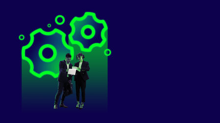 Business people checking documents over big neon gear icons symbolizing settings and technical...