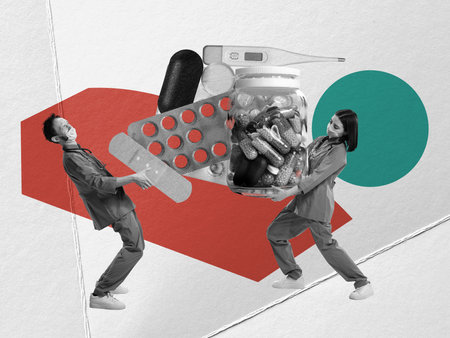 Doctors, nurse carrying many pills, meds. Prevention of illness, treatment of viruses, painkiller drugs. Pharmacy control. Contemporary art collage.の写真素材