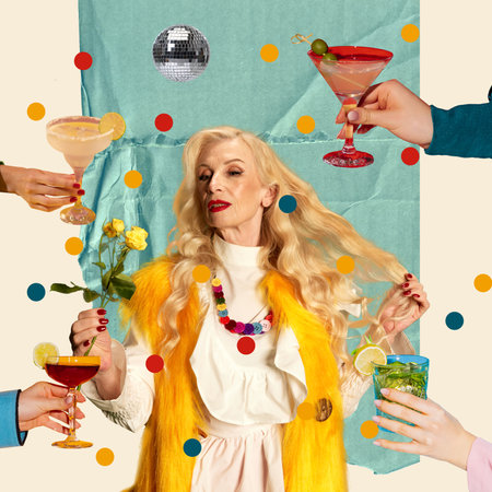 Senior beautiful woman in stylish clothes and makeup celebrating birthday. drinking cocktails and receiving greetings. Contemporary art collage.の写真素材