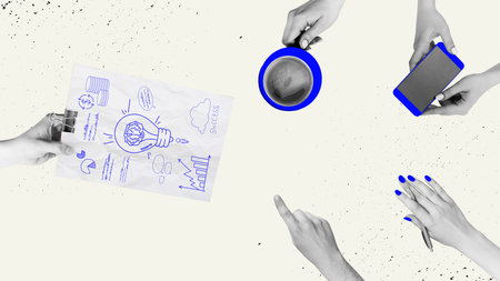 Briefing, meeting. Human hands, employees discussing project, development strategies and plan. Contemporary art collage.の写真素材
