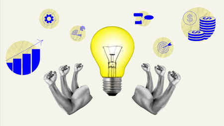 Human hands showing power over giant light bulb. Creative ideas and brainstorming. Contemporary art collage.の写真素材