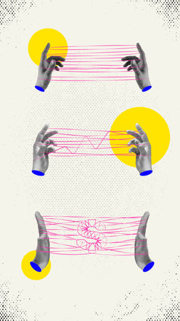 Stages of work. Human hands with strings symbolizing generation of creative ideas, development of strategy and growing finances. Contemporary artの写真素材
