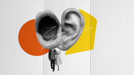 Young couple in retro style clothes walking on a date, woman whispering secrets and rumors to man, discussion of life. Contemporary art collage.の写真素材