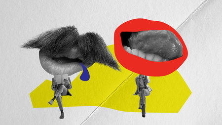 Meeting and acquaintance. Man and woman with big mouth instead heads talking, flirting. Contemporary art collage.の写真素材