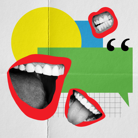 Many female mouths talkig, shouting symbolzing communication and quotation. Contemporary art collage.の写真素材