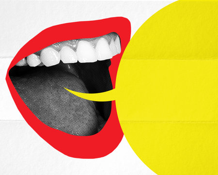 Giant female mouth spreading news, gossips, information. Journalism, social influence. Contemporary art collage.の写真素材