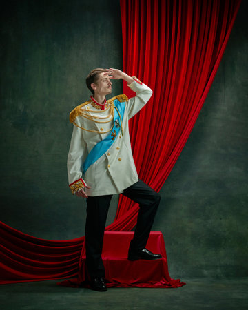 Portrait of young man, royal person, king, duke on elegant costume, standing with noble look against dark green, vintage backgroundの写真素材