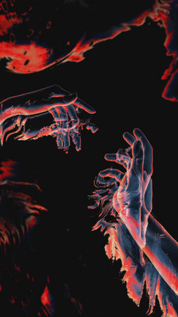 Hope. Art collage with neon human hands for wallpapers, design, background. Glitch effect. Abstract art in surrealism and futurism. Vertical bannerの写真素材