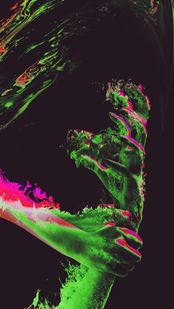 Inner world. Art collage with neon hands for wallpapers, design, background. Vertical banner. Glitch...