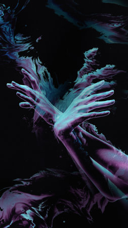 Freedom. Art collage, design with neon hands for wallpapers, design, background. Vertical banner....