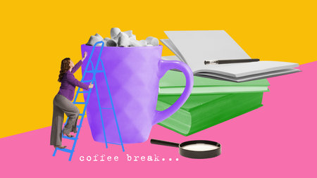Young girl, employee, offic woker climbing up the stairs for hot cocoa with marshmallow. Lunch break. Contemporary art collage.の写真素材