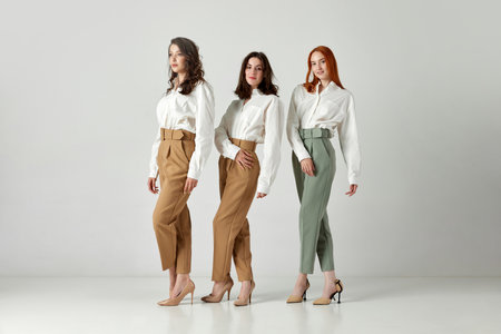 Full-length portrait of attractive young women in elegant clothes, blouse and pants posing against light studio backgroundの写真素材