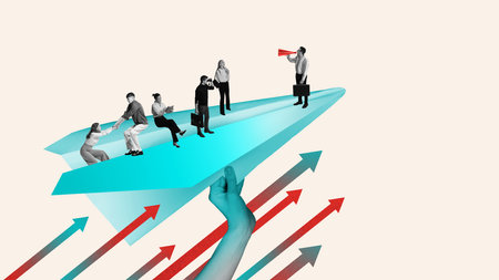 New way. Business people, employees getting ready for new projects. Launching startups. Following creative ideas. Contemporary art collage.の写真素材