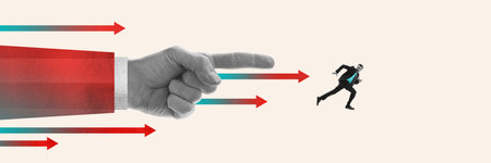 Businessman, employee running away from boss punishment. Professional challenges. Ambitions and motivation. Contemporary art collage.の写真素材