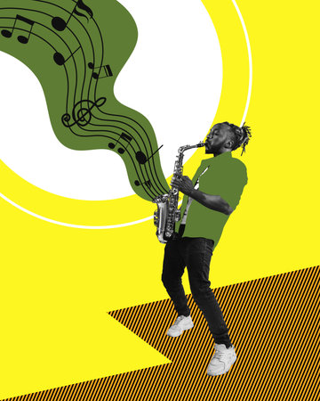 Stylish african man making performance, playing saxophone over multicolor abstract background. Contemporary art collage.の写真素材