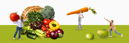 Young people, women and man carrying many vegetables, following healthy nutrition. Vegetarians. Contemporary art collage.の写真素材