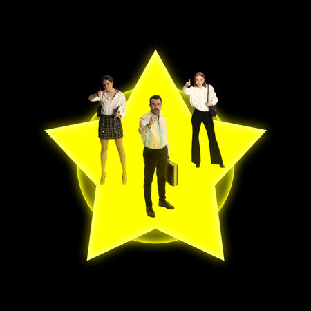 Group of motivated young people, employees standing on giant star symbolizing well-coordinated...