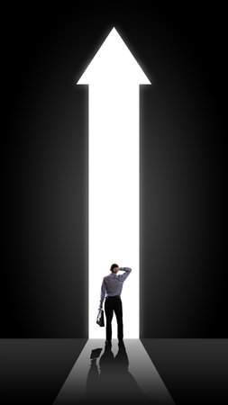 New beginning. Employee standing in front of giant arrow, new path in professional sphere. Challenges and risks. Contemporary art collage.の写真素材