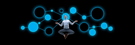 Young man in yoga pose meditating over professional graphs and strategies. CEO and marketing....
