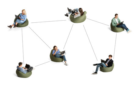 Conceptual collage. Young people, men and women connected by a line sitting and working with laptop....