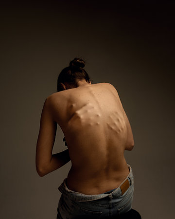 Social pressure, fake life. Young woman with hands silhouette appearing from her skin on back. Fears. Conceptual collage.の写真素材