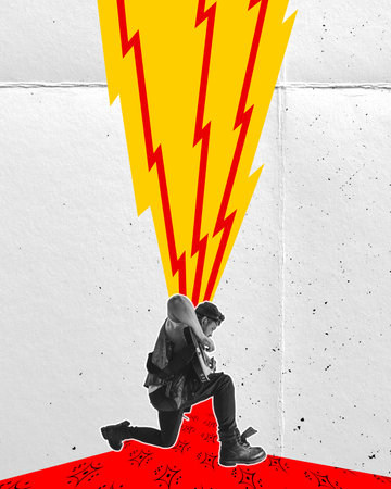 Rock and roll generation. Expressive, talented man, musician playing guitar, making live performance. Contemporary art collage.の写真素材