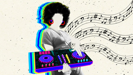 Young talented woman, dj with dj station over light background. Disco party, night club. Contemporary art collage.の写真素材