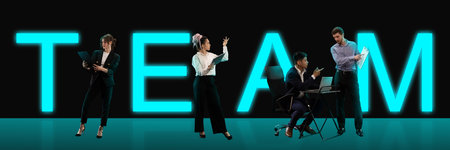 Young ambitions, smart, concentrated people. employees during work. Powerful and well-coordinated...