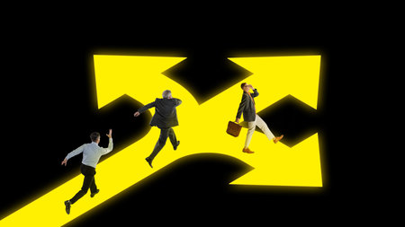 Business people, employees running in different professional directions. Diversity of aims....