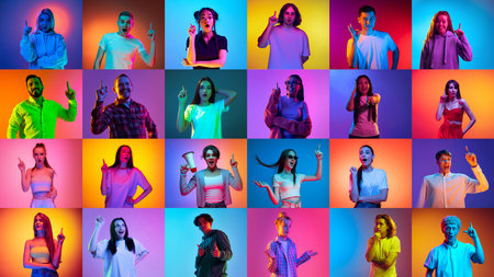Collage made of portraits of different men and women raising finger up against multicolored background in neon light. Ideasの写真素材