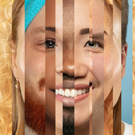 Human face made from portrait of different people, men and women of diverse race. Smiling, happy, delighttful look. Narrow stries of imagesの写真素材