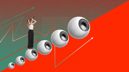 Young woman looking in spyglass, searching innovations for company development, creative ideas....