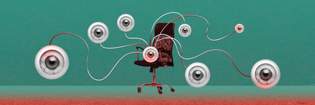 Office chair with many eyes looking with attention. New innovations, creative vision, ideas....