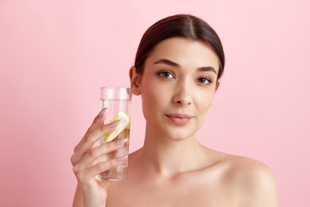Beautiful young woman with healthy, well-kept skin taking care after health, drinking water with...