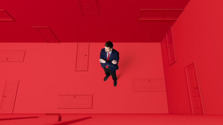 Conceptual design. Businessman with concentrated, thoughtful face standing around many closed doors over red background. Correct choiceの写真素材