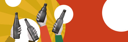 Human hands holding beer bottles over colorful background. Contemporary art collage.の写真素材