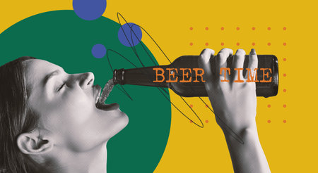 Cheerful young woman drinking beer from bottle over colorful background. Party mood. Contemporary art collage.の写真素材