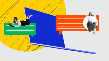 Young women, friends communication online via laptops. News, gossips, information. Remote talk. Contemporary art collage.の写真素材