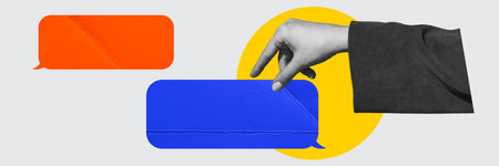 Female hand holding text messages icons with empty space for text. Online chat. Banner. Contemporary art collage.の写真素材