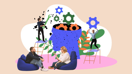 Woman visiting psychologist to recover from overworking depression. Fixing brain and mental state. Contemporary art collage.の写真素材