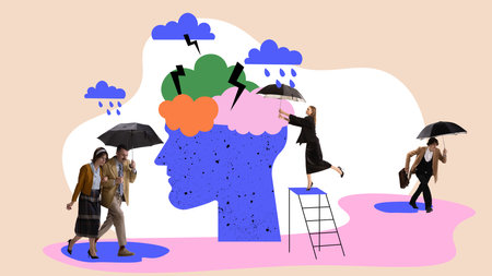 People, men and women escaping negative thoughts and situation, keeping calm, bright mind....
