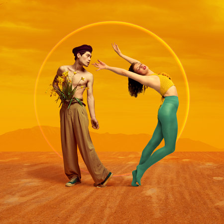 Attraction of youth. Stylish young man and woman over orange background. Contemporary art collage.の写真素材