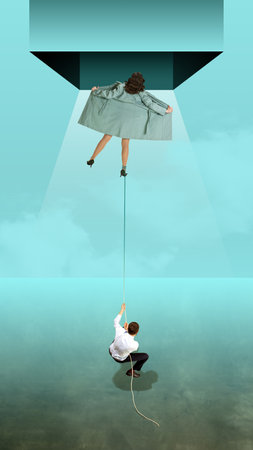 Woman flying upwards to new life and man holding her with string. Opposite vision, relationship and choice. Contemporary art collage.の写真素材