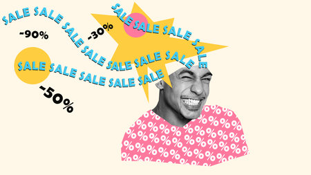 Happy, cheerful young man smiling, feeling positive about big sales season coming. Great shopping. Contemporary art collage.の写真素材